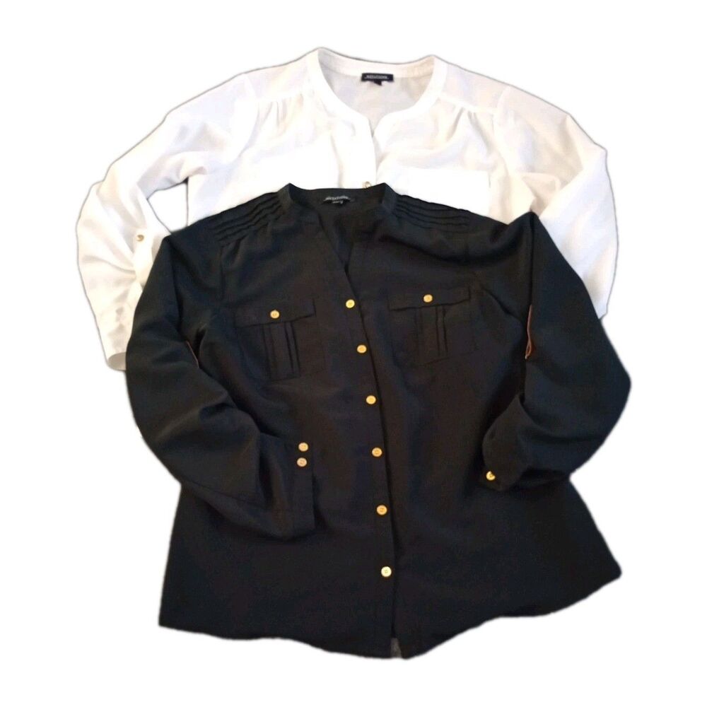 Lot of 2 Notations Women’s Blouses - Black (M) & White (L) - Roll-Tab Sleeves